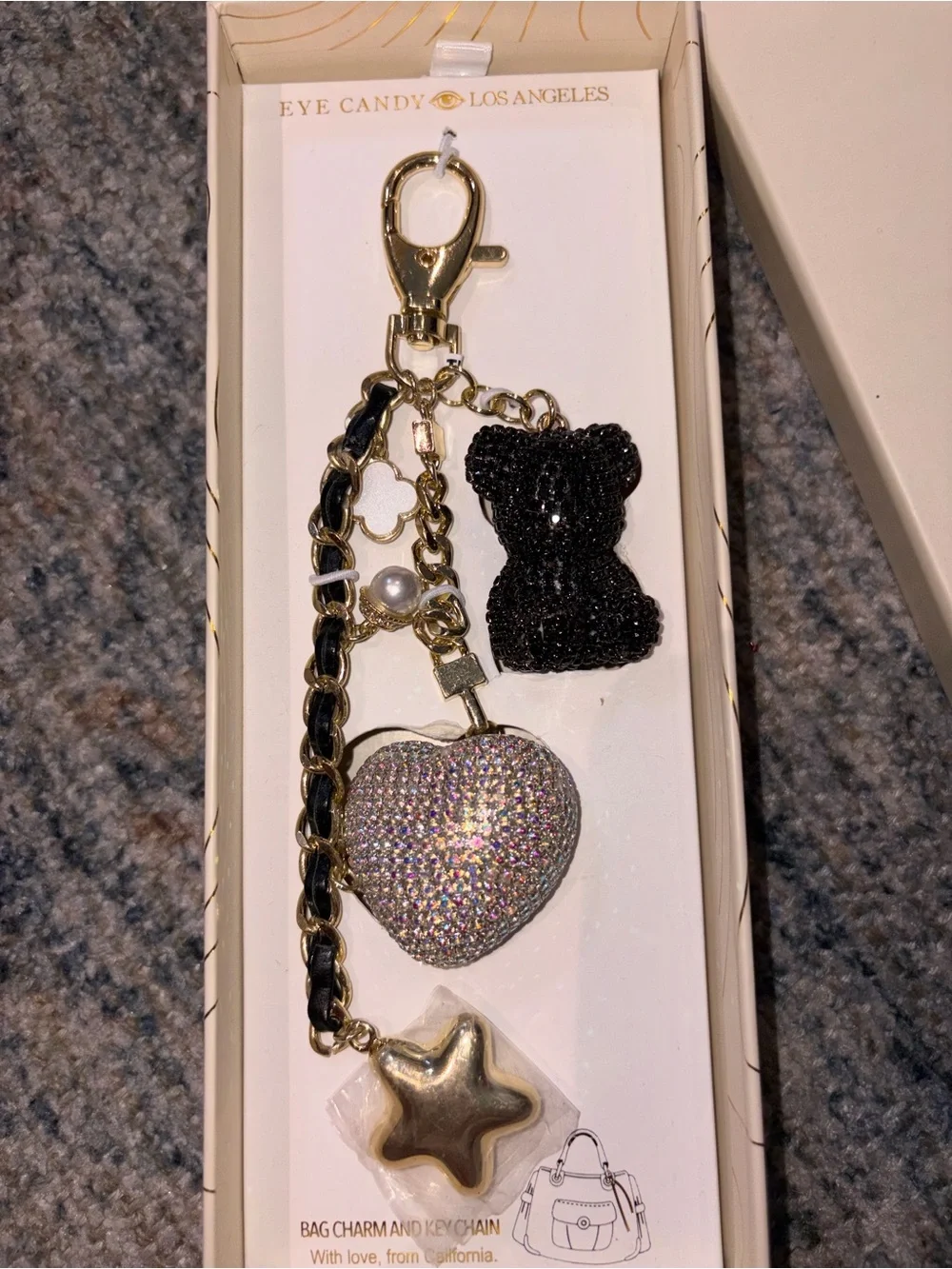 Eye Candy LA Gold Rhinestone Bear & AB Heart Handbag Charm New
